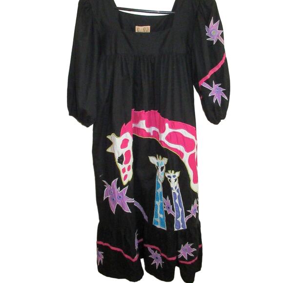 Vtg RAMONA RULL Cotton Giraffes Animals Mirrored Boho Dress Caftan Muumuu Small - Picture 1 of 8